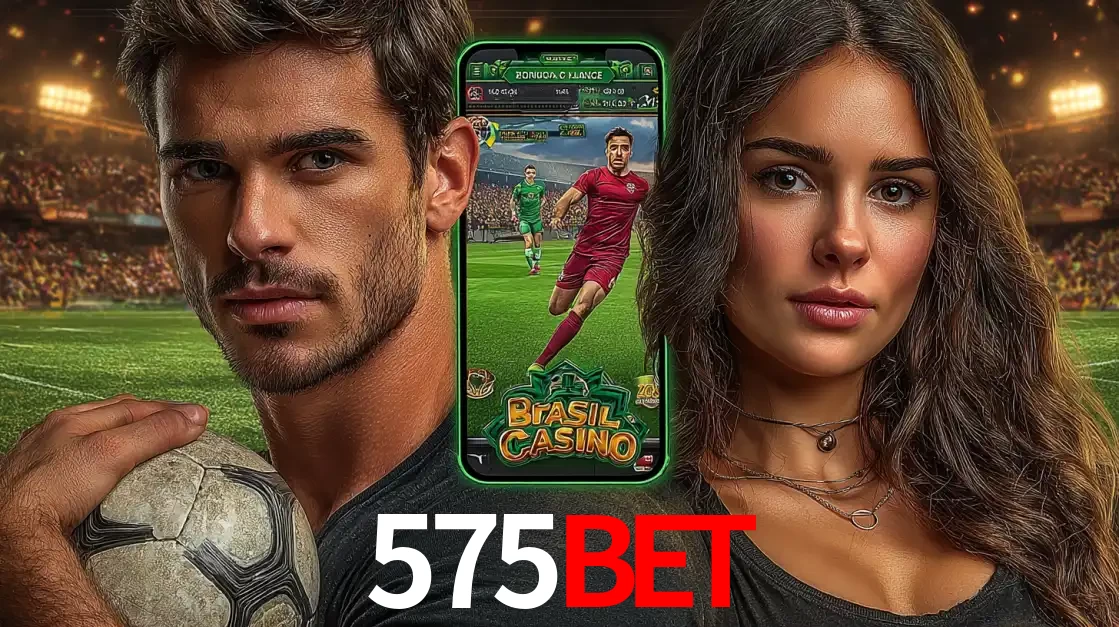 Homem segurando uma bola de futebol e uma mulher ao lado de um smartphone exibindo o jogo de apostas esportivas da 575BET. Faça seu palpite no cassino online.